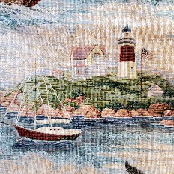 VTG 27x27 Tapestry Fabric Sample LaCrosse Furniture Co Country Nautical Landscap - Picture 2 of 7